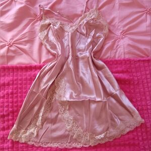 Pink Satin Slip Dress • Lace Trim Satin Nightdress • Women’s Pink Pajamas